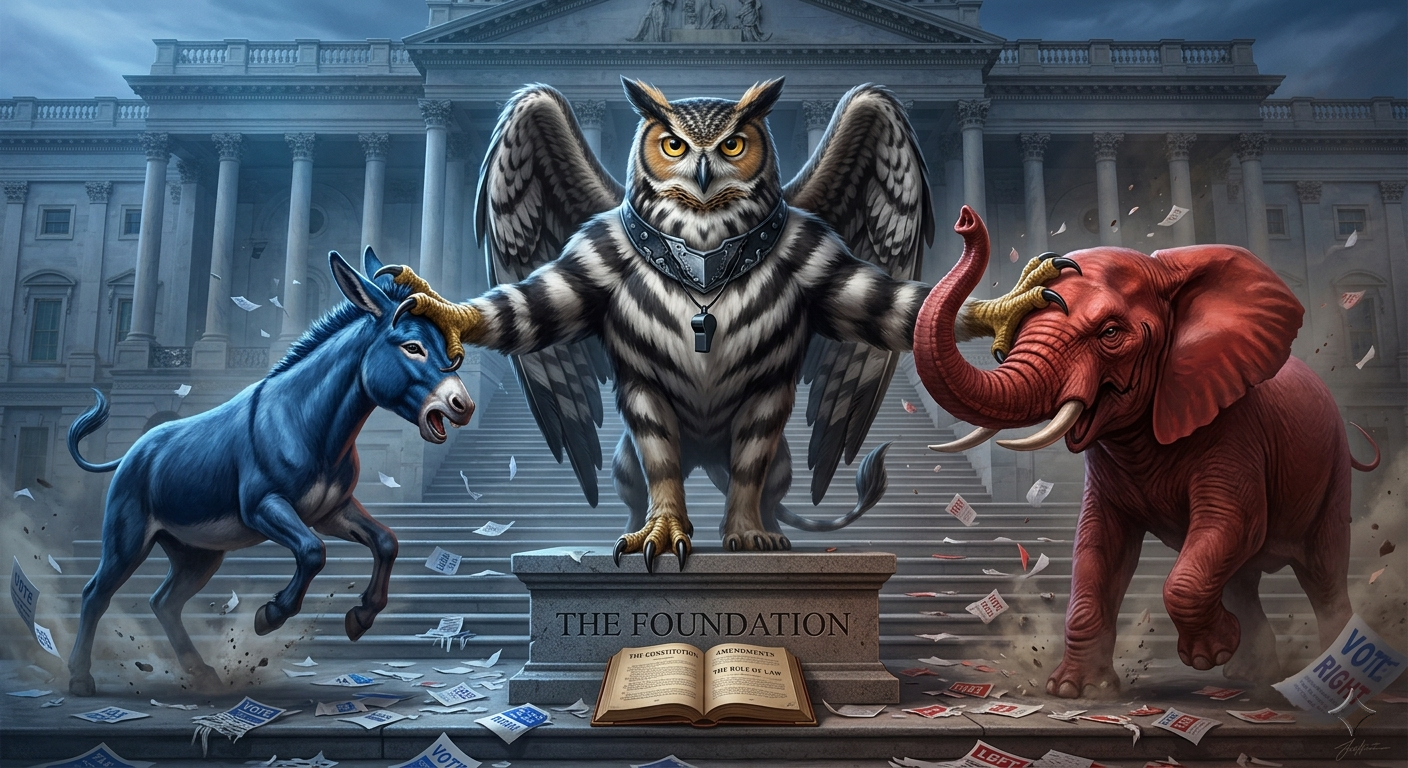 The Foundationalist — an owl-eagle-lion chimera restrains a donkey and an elephant on the capitol steps, standing on a pedestal reading THE FOUNDATION, beside an open book of the Constitution and scattered VOTE papers